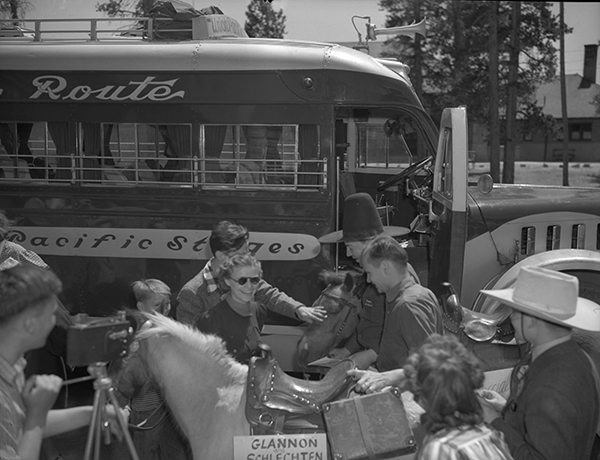 Tourist Bus and Photography Ponies, West Yellowstone, Montana