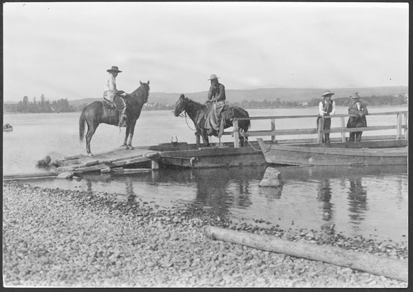Flathead Indians on Horseback Getting on a Ferry at Flathead Lake, Montana