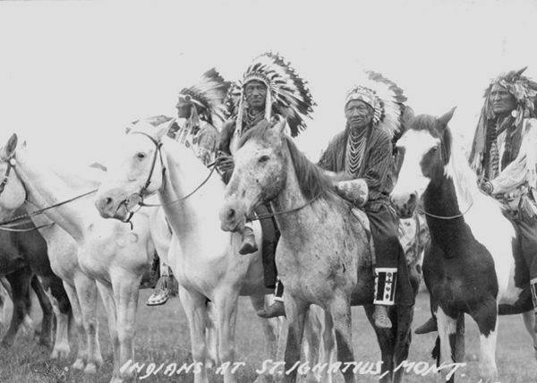 Group Portrait of Four Flathead Indian Men on Horseback, St. Ignatius, Montana