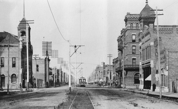 View of Main Street Buildings and Trolley Car, Bozeman, Montana