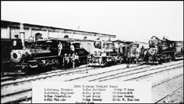 NP workers gathered at the Spokane freight house.  The locomotives are NP 982, 0-6-0 6-Coupled Class SW I;  NP 1059, 0-4-0 4-Coupled SW Class H and NP 954, 0-6-0 6-Coupled SW Class K-1.