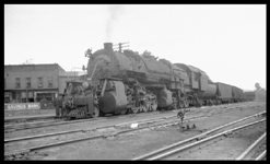 B&O  freight train East at Cumberland, MD, hauled by mallet locomotive.