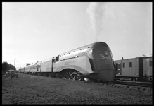 NYC X2847W at Whitehall  6/36 RF view of Rexall Streamliner demonstration train  Outfit cars in left bkgrnd  Automobile [Nixon's] in right bkgrnd  See RVN03673,5,6