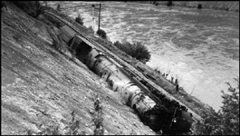 View of overturned NP 5140, Class Z-8, taken from above the locomotive on the south hill.