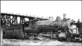 NP 2453, Class T-1 locomotive at Auburn with ramp to coal dock in background.
