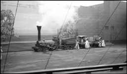 Wm Galloway steam locomotive crosses stage at the 