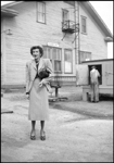 Colleen Hall on platform at Carlin, NV, depot.