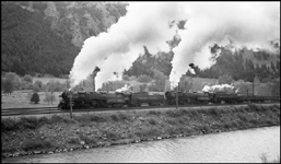 NP 5100, Class Z-6, 4-6-6-4, and NP 5120 Class Z-6 East bound near Bearmouth, MT.