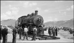 Moving NP 25, Class Y-1, at Butte, into display position.  Panel rail is being used to advance locomotives route to display location.