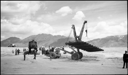 Moving NP 25, Class Y-1, at Butte, into display position.  Moving panel rail to advance locomotives route to display location.