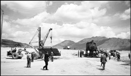 Moving NP 25, Class Y-1, at Butte, into display position.  Moving panel rail to advance locomotives route to display location.