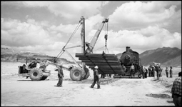 Moving NP 25, Class Y-1, at Butte, into display position.  Moving panel rail to advance locomotives route to display location.