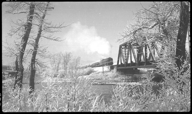 NP 5101, Class Z-6 pulling X5101E, approaching Yellowstone river bridge east of Livingston, MT
