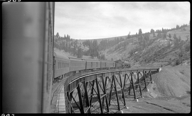 NP 2238, Class Q-5 with train No. 4 crossing Bridge 17 west of Helena, MT.  Photograph is taken from rear of train.