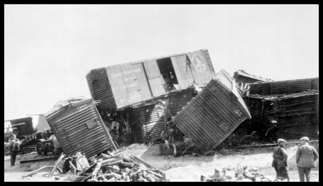 Box Cars stacked up in derailment of Train No. 603 near Wibaux, due to open switch.