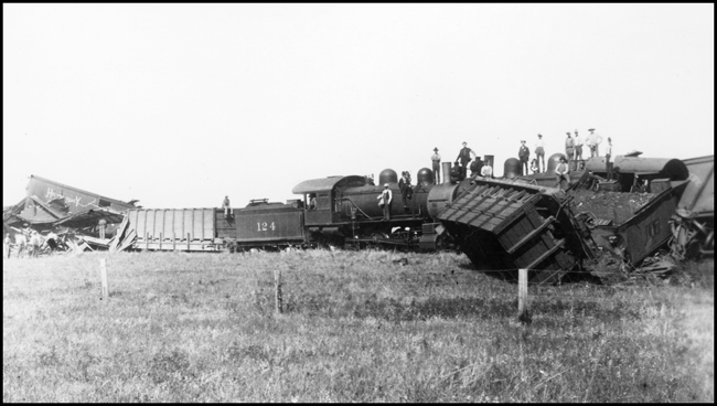 Head-on collision of NP 124 and NP 117, both engs are Class S-2c, with accident happening near Sweet Briar, ND.