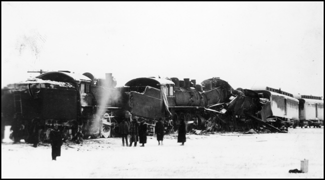 Head-on collision of two NP passenger trains at Knowlton, ND which is today called Boyle, ND. Collision involved 3 Class P-2 locomotives, Nos. 240,241, and 249.  The fourth locomotive was NP 2127, Class Q-1