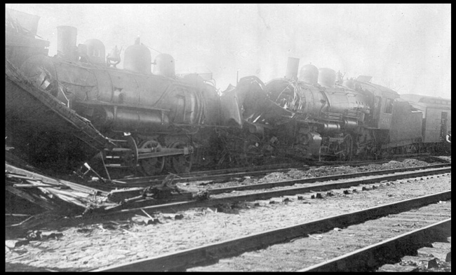 Wreck of No. 4 with NP 2181, Class Q-4 tangling up with Switch engine NP 1111, Class L-9 in Forsyth, MT.