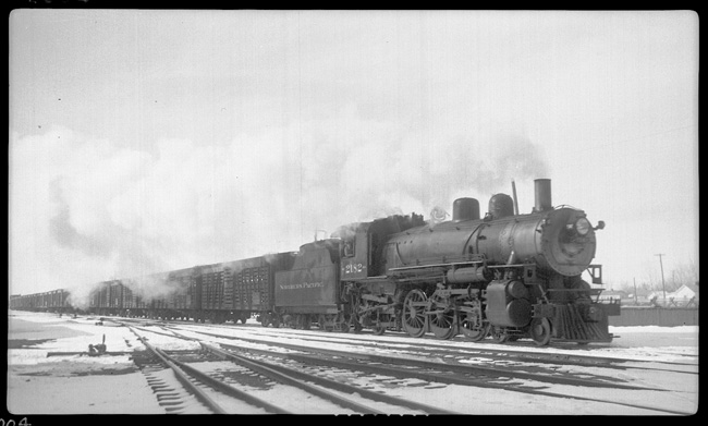 NP 2182, Class Q-4 pulling train No. 643 arriving Sidney, MT  Engr. Johnson, Condr. Voorhies