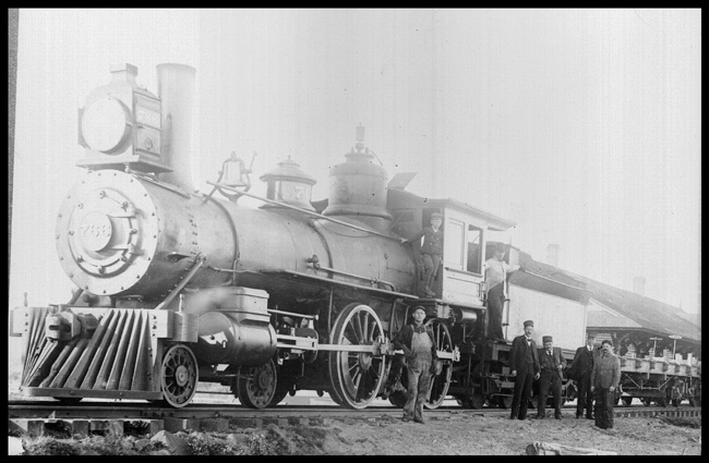 NP 766, Class C-6 American style Locomotive made by Portland, at Aberdeen, WA.  Crew members posing for picture. Former Number 243.