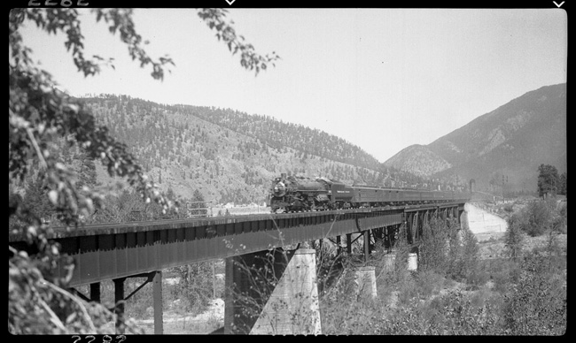 NP 2nd No. 1, NP 2653, Class A-2 crossing bridge over Missoula River at Bonner