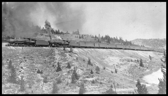 Train No. 3 with double heading locomotives NP 1637, Class W and NP 2213, Class Q-4, between Skyline and Weed, MT 