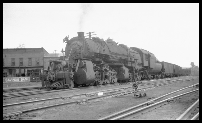 B&O  freight train East at Cumberland, MD, hauled by mallet locomotive.