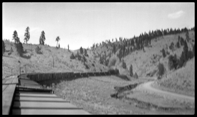 Its a shaky ride for the photographer atop a narrow gauge boxcar, but the dirt road and the dry riverbed and the freight train makle up for whatever shakes the picture betrays