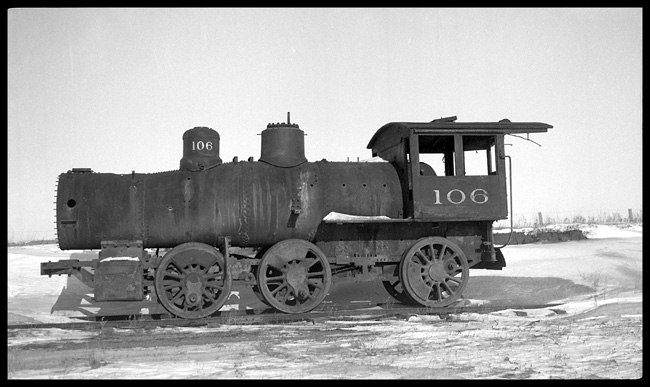Midland Continental 106  Jamestown ND  1/33 Derelict  No tender, rods or appliances  Desolate left side view