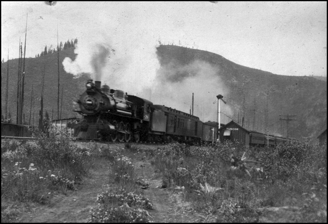 NP #42-284  Tuscor Mont   1912  Copy negative from Melberg  42 is a class Y 2-8-0 freight engine built in Schenectady in 1898  Train 284 is not listed, but the number would indicate a passenger train  The scan is fuzzy, but it looks like a mixed train  