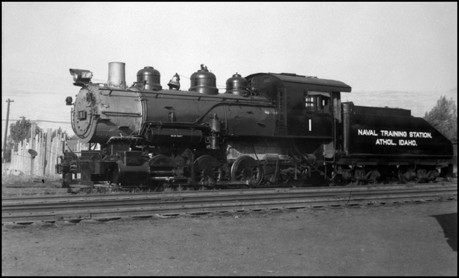 Naval Training Station locomotive No. 1 assigned to Athol, ID, between trains in Missoula, MT.  This locomotive was an ex-D&RGW locomotive.
