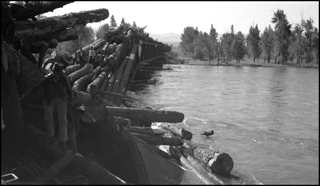View of logs and bridge involved in derailment of X1356E with 28 log cars which derailed on bridge 23.2 over the Bitter Root river caused by high water.  Killed Engr McFarland, Fmn Mc Gregor and Bkm D'Orazi.