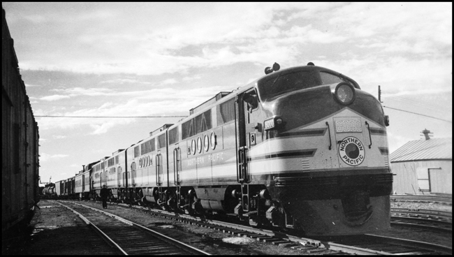 NP X6000E with NP Class FT DE 6000 on what appears to be a test train, with the dynamometer car behind the locomotive consist at Dickinson, ND.