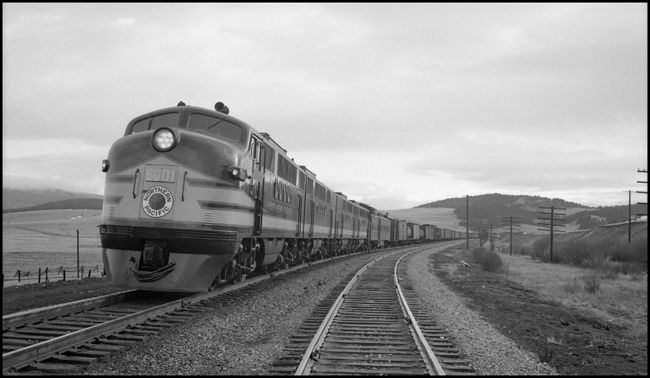 NP X6001W, with 4 unit FT locomotive pulling freight near Blossburg.  Crew of Melton and Berglin.