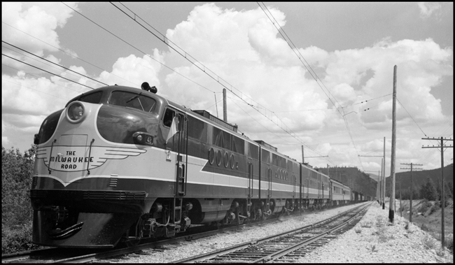 Milwaukee Road engine No. 42, the first diesel-electric to come west, leaving Haugan, Montana.