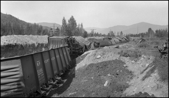 NP X5107E with NP 5107, Class Z-6 which was hauling a Banana Special when it went in the ditch just west of Trout Creek, due to a broken frame on engine 5107