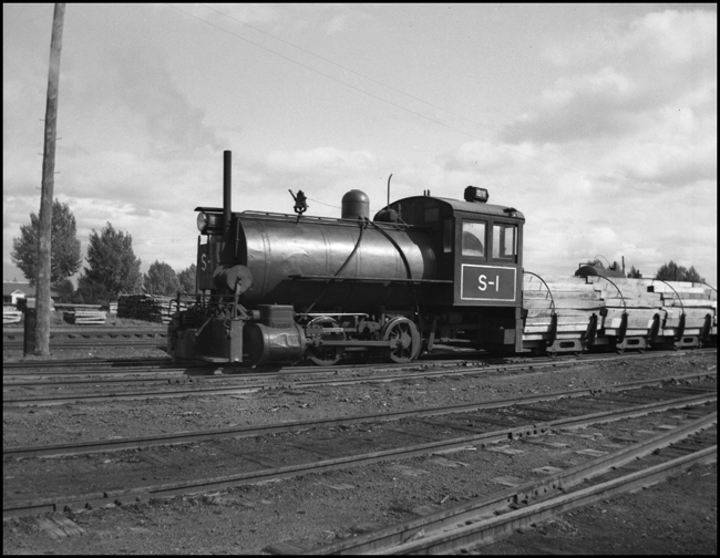 Somers Lumber Co. 0-4-0 engine S-1 and lumber train in yard at Somers, MT.