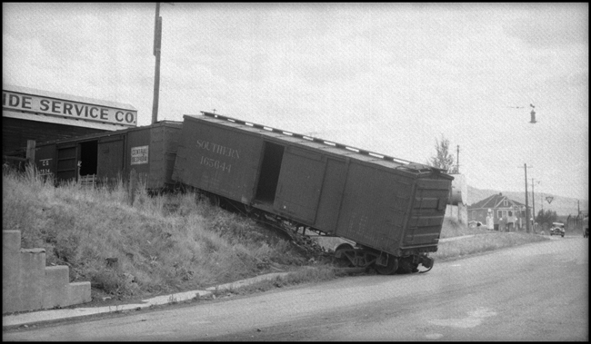 Derailed boxcar, Van Buren St., Missoula.