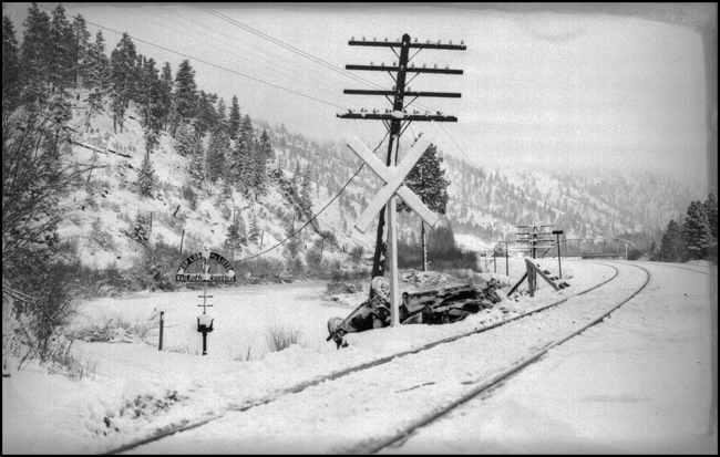 NP track, grade crossing, electric and crossbuck warning signs, Nimrod, MT.