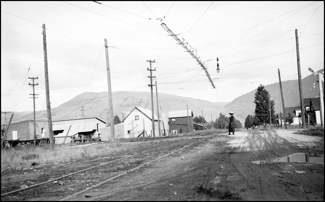 NP track, grade crossing with trolley line, Fifth St., Missoula.