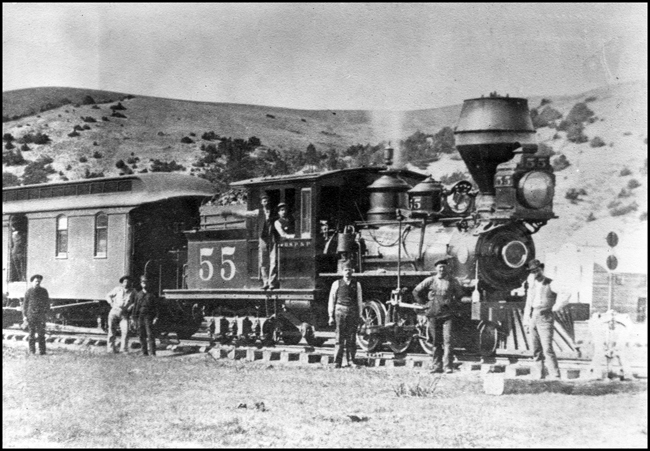 Denver South Park & Pacific Railway 2-6-2T engine 55 and crew, Garrison, MT.