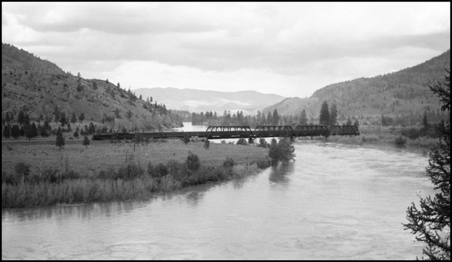 NP Train No. 3 with NP 2607, Class A, crossing bridge near Knowles, MT.