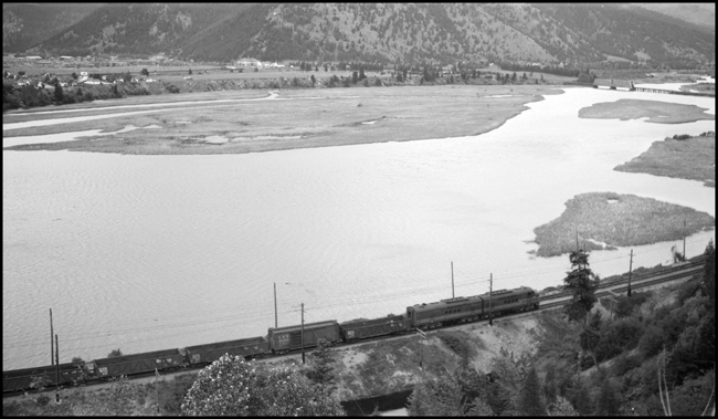 MILW XE with two unit diesel moving freight between Missoula and Bonner, MT.