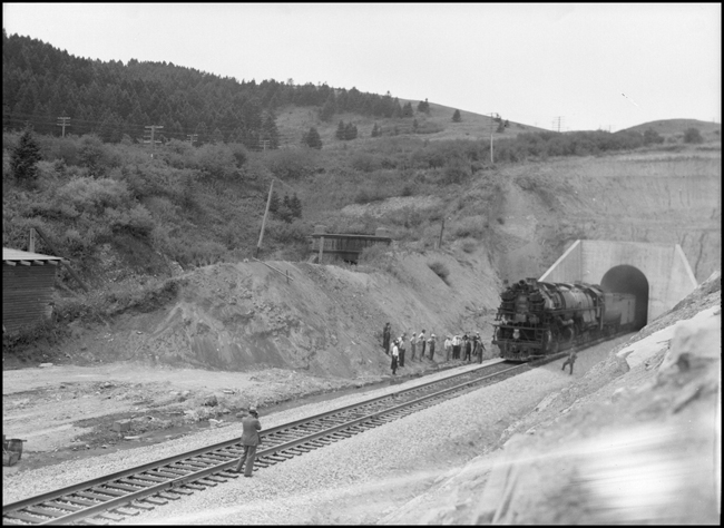 Extra 5104 East, Muir, MT. Engine 5104 is a Class Z-6, 4-6-6-4. First eastbound train to go through new Bozeman Tunnel.