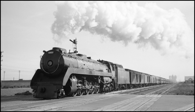 Canadian Pacific 2-10-4 no. 5922 accelerates train No. 7, west of Calgary, Alberta.