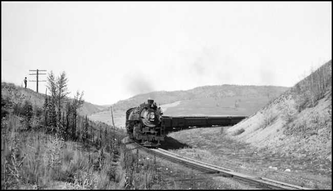 NP First No. 2, Class A-3 4-8-4 no. 2662, descends Evaro hill about three miles west of DeSmet, Montana.
