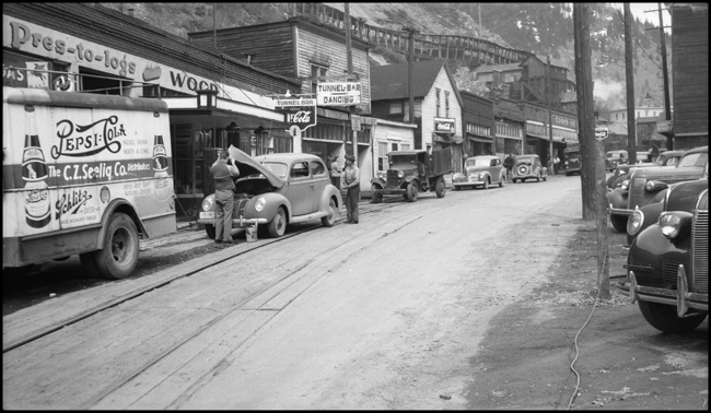 Street in Burke, Idaho. The track extending along the street is that of the Union Pacific Railroad.
