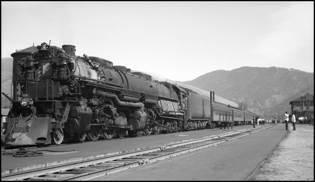 NP Second No. 1, with Class Z-8 engine no. 5139, pauses at Missoula, Montana on April 24, 1946. This is the second section of this date's westbound North Coast Limited, and it appears to consist mostly of coaches.