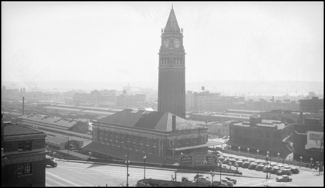 Seattle's King Street Station as it appeared on May 16, 1946. This view is looking southwest. NP trains headed for Tacoma or Ellensburg departed this station to the south. Great Northern trains headed for points east departed to the north, via a tunnel under city streets.