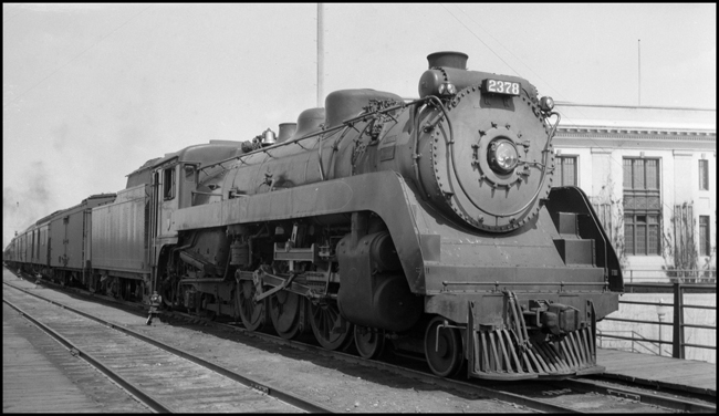 CP 2378 4-6-2, Pacific type locomotive on passenger train at Edmonton, AB.
